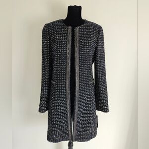 Womens Navy Tweed Long Open-Front Coat